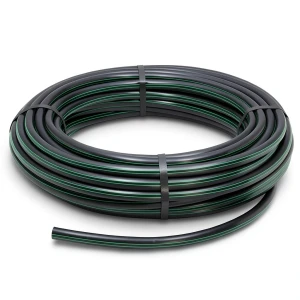 لفة أنابيب HDPE ضغط 15.7 بار PE 63، قطر خارجي 16 مم SDR 6 أسود مع خط أخضر