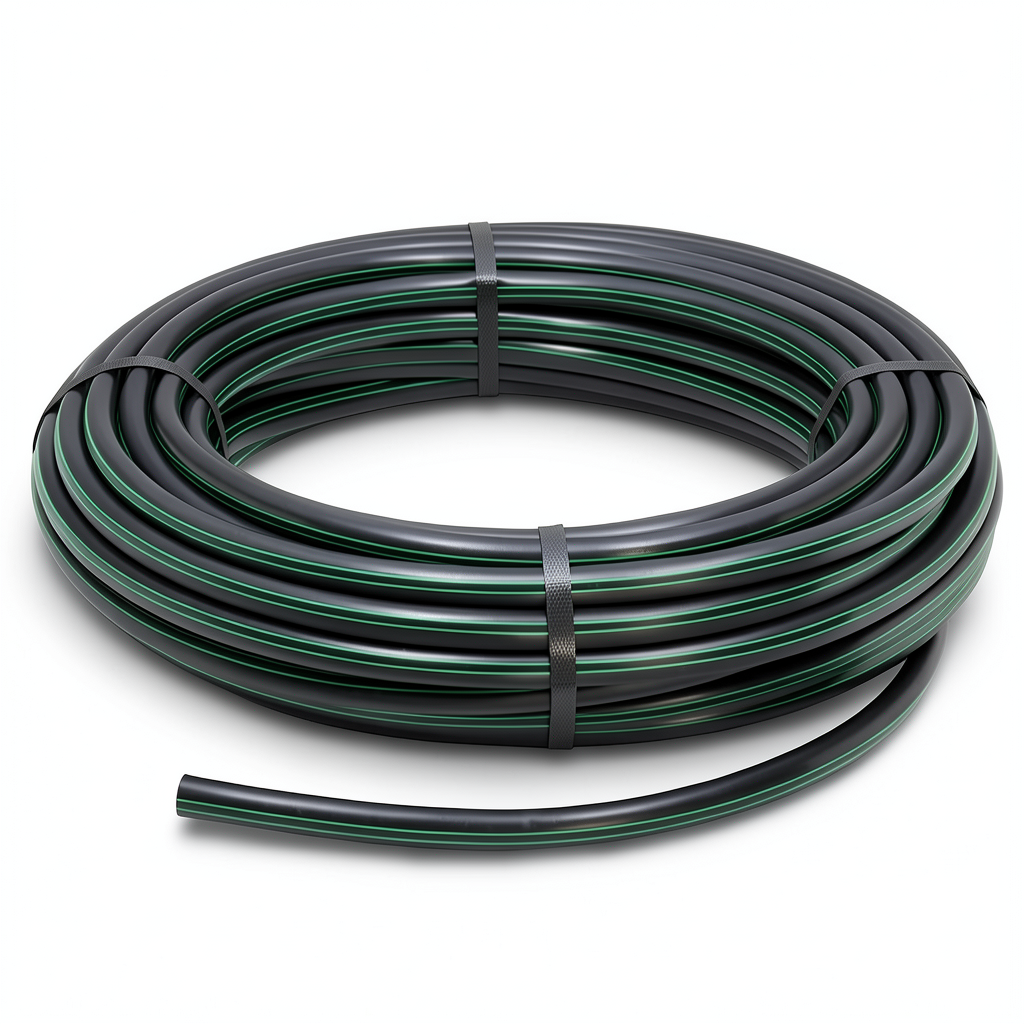 لفة أنابيب HDPE ضغط 15.7 بار PE 63، قطر خارجي 16 مم SDR 6 أسود مع خط أخضر