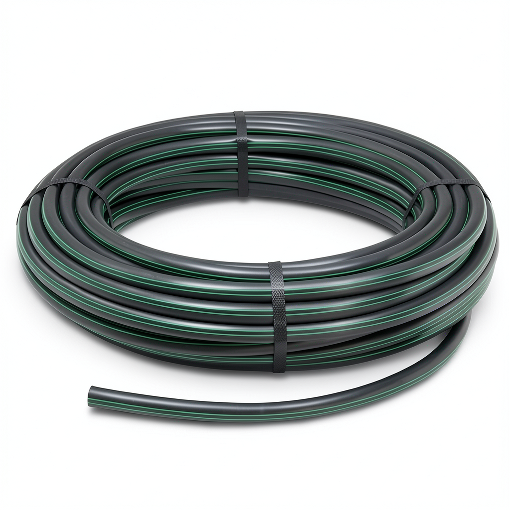 لفة أنابيب HDPE ضغط 15.7 بار PE 63 قطر خارجي 20 مم SDR 6 أسود مع خطوط خضراء