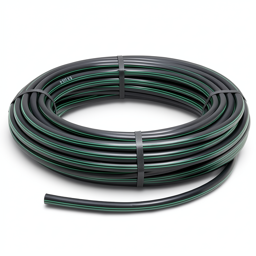 لفة أنابيب بلاستيك HDPE ضغط 15.7 بار PE63 قطر خارجي 25 مم SDR 6 أسود مع خطوط خضراء
