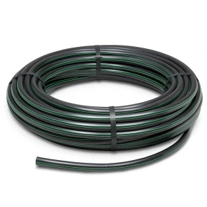لفة أنابيب HDPE ضغط 15.7 بار PE 63 قطر خارجي 50 مم SDR 6 أسود مع خط أخضر