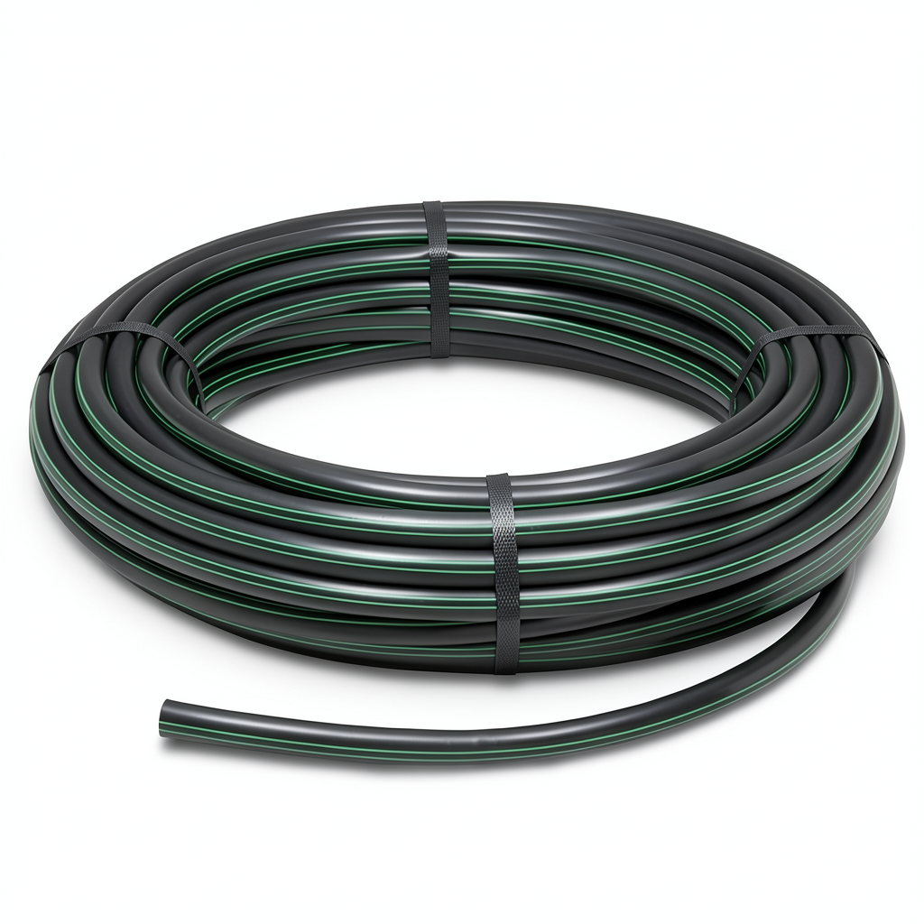 لفة أنابيب HDPE ضغط 15.7 بار PE 63 قطر خارجي 50 مم SDR 6 أسود مع خط أخضر