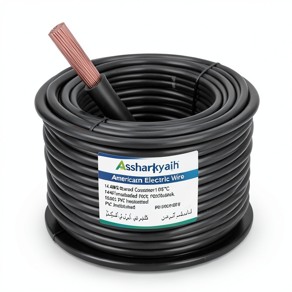 لفة سلك امريكي 14 AWG نحاس مجدول معزول PVC 105°C أسود، 600 فولت، 2500 قدم | شركة كابلات الشرقية للصناعة