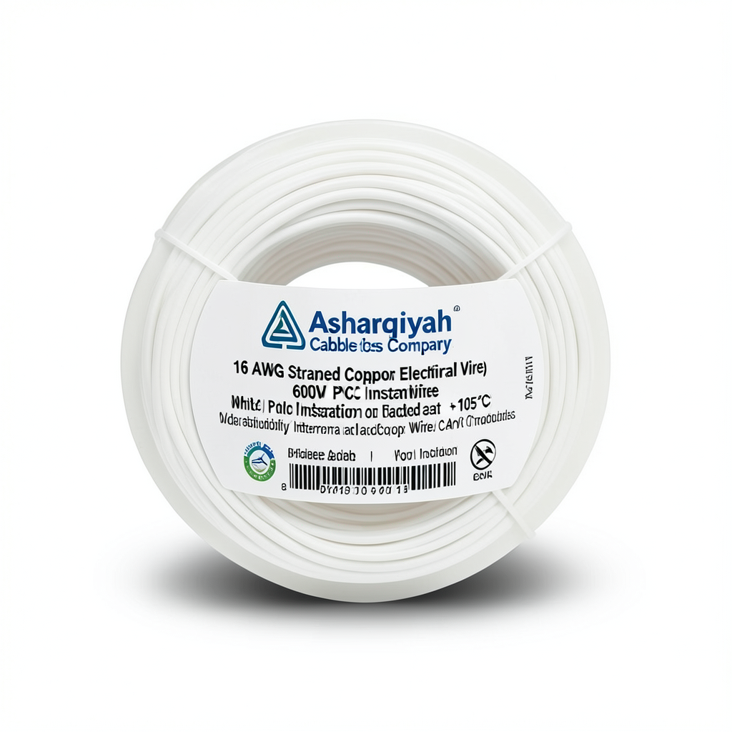 لفة سلك كهرباء 16 AWG نحاس مجدول عزل PVC +105°C جهد 600 فولت أبيض | شركة كابلات الشرقية للصناعة