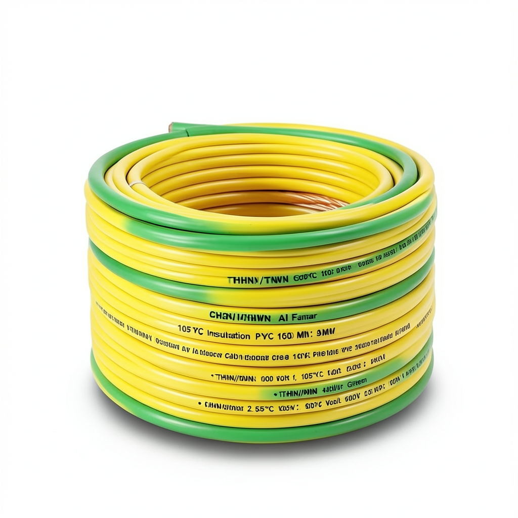 كابل نحاس THHN/THWN معزول بماده PVC 105°C قطر 2.9 مم 600 فولت طول 500 قدم أصفر مع الأخضر | شركة الفنار