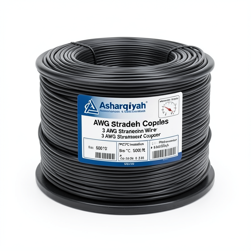 سلك امريكي 3 AWG نحاس مجدول معزول PVC 105°C أسود، 600 فولت، 500 قدم | شركة كابلات الشرقية للصناعة