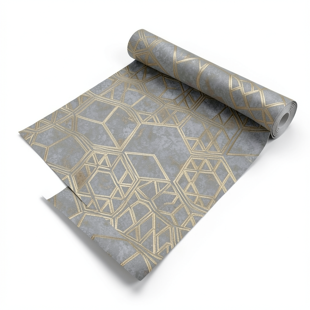 Spanish Wallpaper Gray With Gold Geometric Design, Size 10mx0.53m