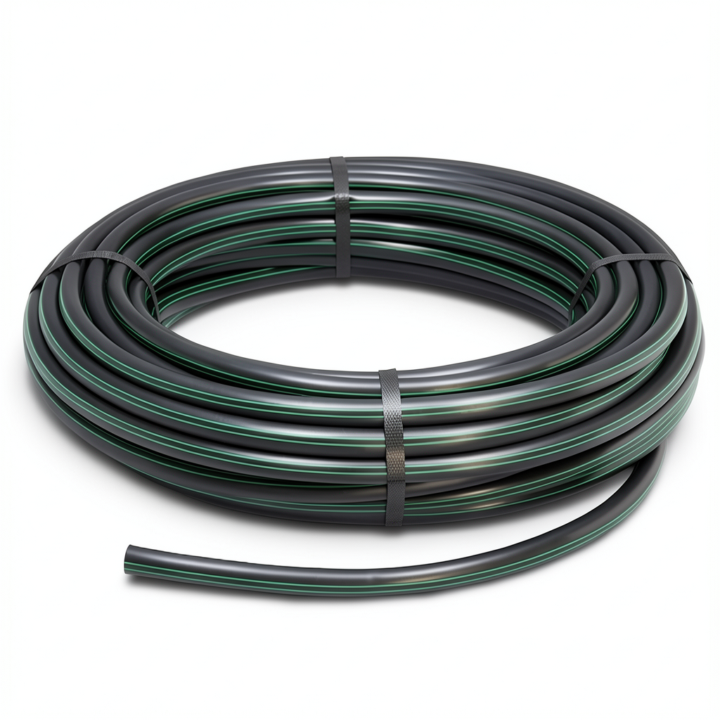 HDPE Plastic Coil Pipe Nominal Pressure 15.7 Bar PE 63 OD 90 mm SDR 6 Black with Green Stripes