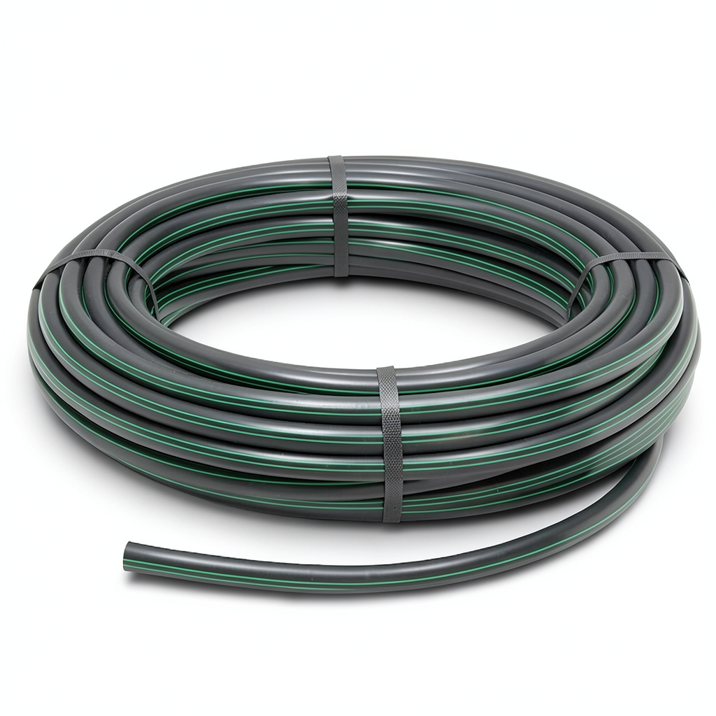 لفة أنابيب بلاستيك HDPE ضغط 15.7 بار PE 63 قطر خارجي 110 مم SDR 6 أسود مع خط أخضر