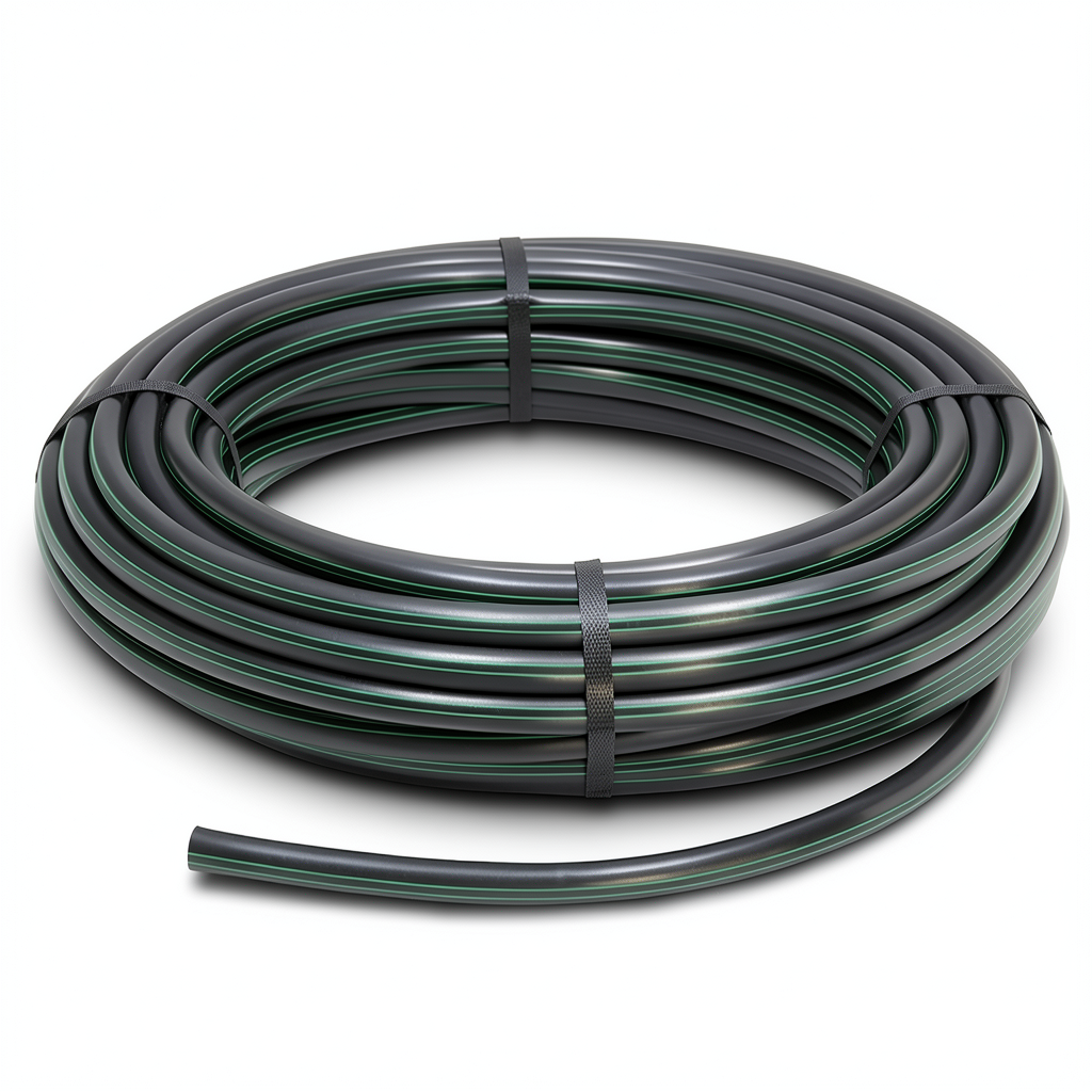 HDPE Plastic Coil Pipe PN 15.7 Bar PE 63, 140 mm Diameter SDR 6 Black with Green Stripes