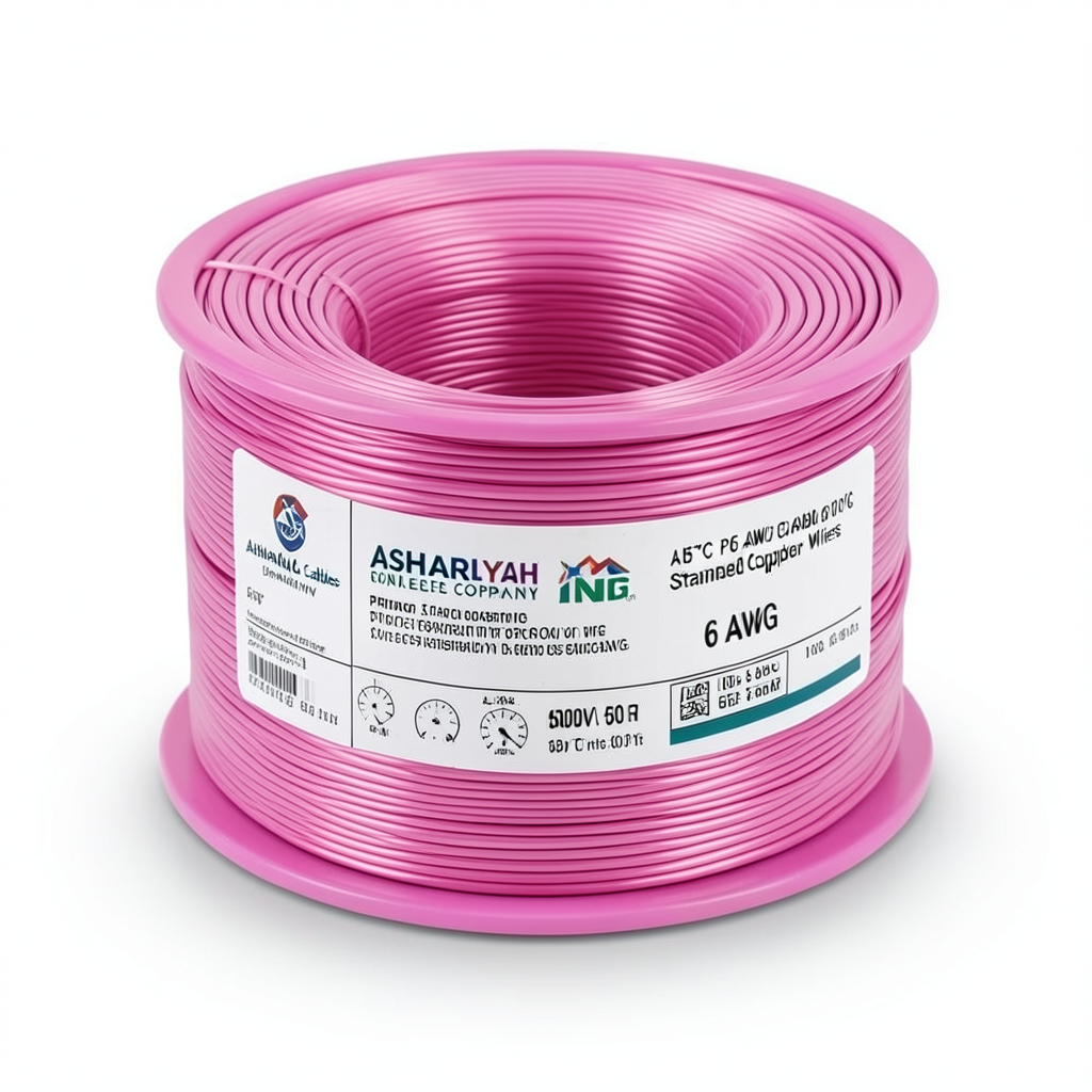 لفة سلك نحاس مجدول 6 AWG مطلي بالقصدير، عزل PVC 105°C، زهرى، 600 فولت، 500 قدم | شركة كابلات الشرقية للصناعة