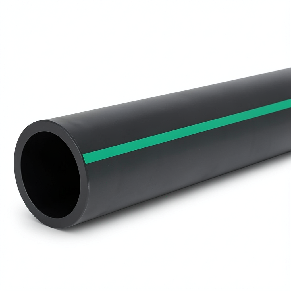 مواسير HDPE ضغط 3.9 بار PE 63 قطر خارجي 180 مم SDR 21 لون أسود مع خط أخضر