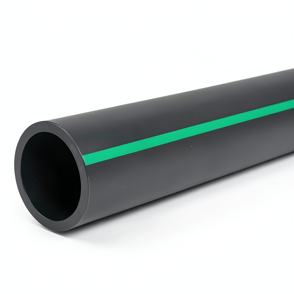 مواسير HDPE ضغط اسمي 3.9 بار PE63 قطر خارجي 630 مم SDR 21 أسود مع خطوط خضراء
