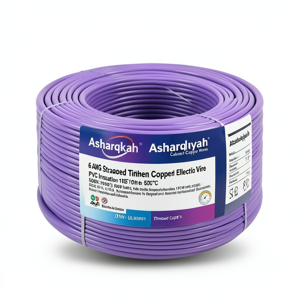 لفة سلك نحاس مجدول 6 AWG مطلي بالقصدير، عزل PVC 105°C، بنفسجي، 600 فولت، طول 500 قدم | شركة كابلات الشرقية للصناعة