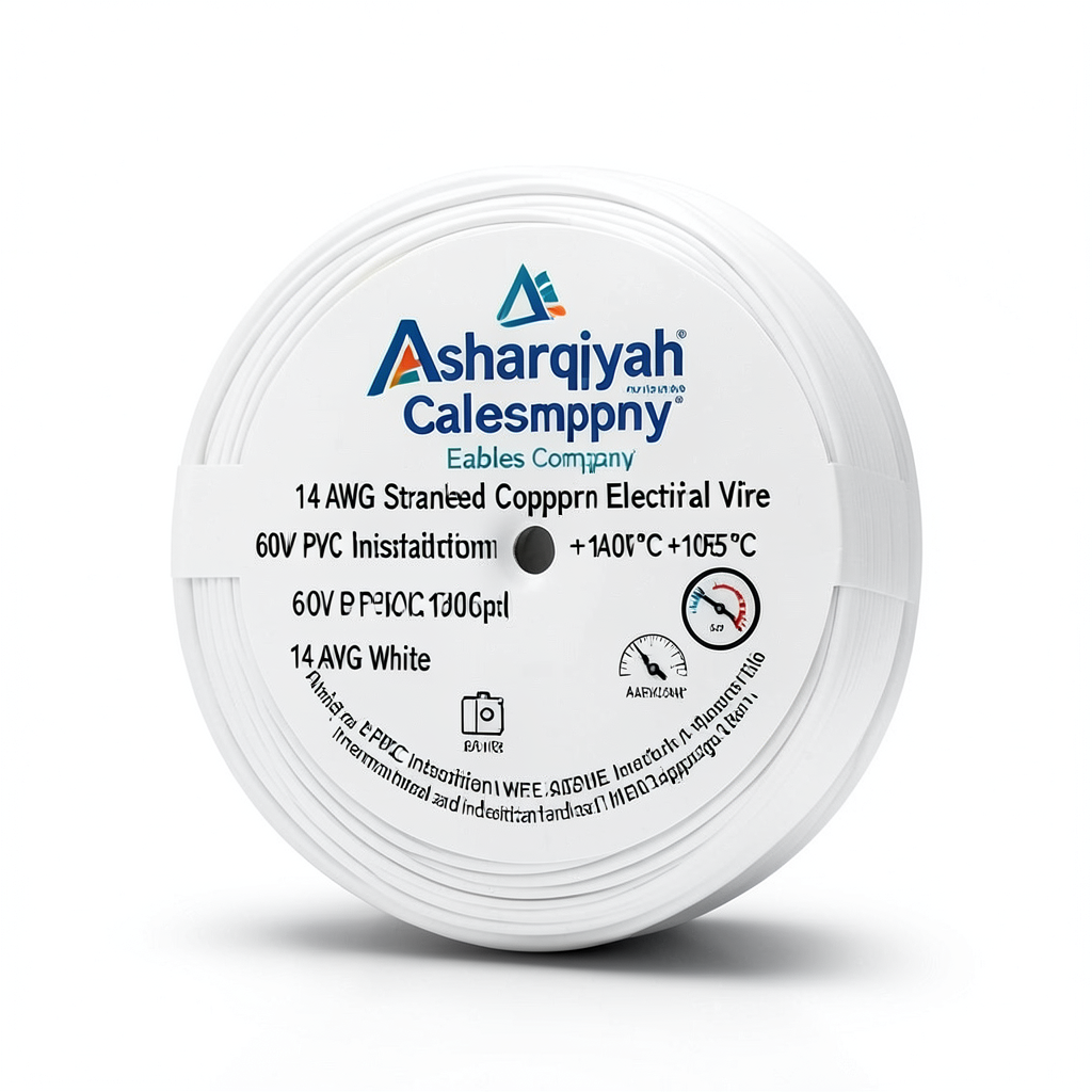 لفة سلك كهرباء 14 AWG نحاس مجدول معزول PVC +105°C أبيض، جهد 600 فولت | شركة كابلات الشرقية للصناعة