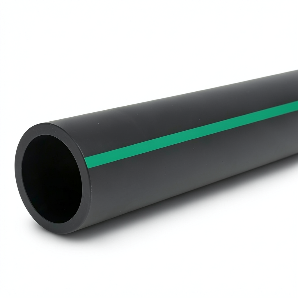 HDPE Polyethylene Pipe PN 9.8 Bar PE 63, 355 mm Diameter, SDR 9 Black with Green Stripes