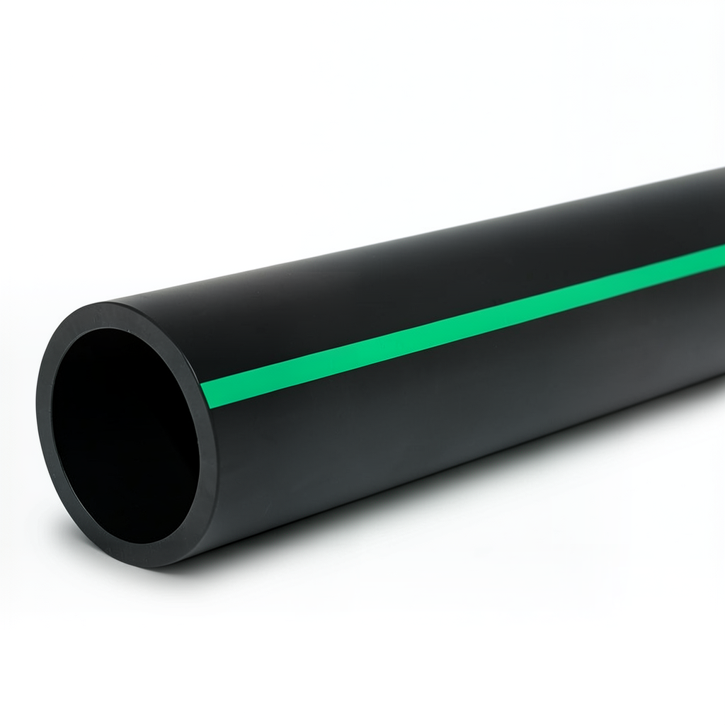 HDPE Polyethylene Pipe PN 9.8 Bar PE 63, 355 mm Diameter, SDR 9 Black with Green Stripes
