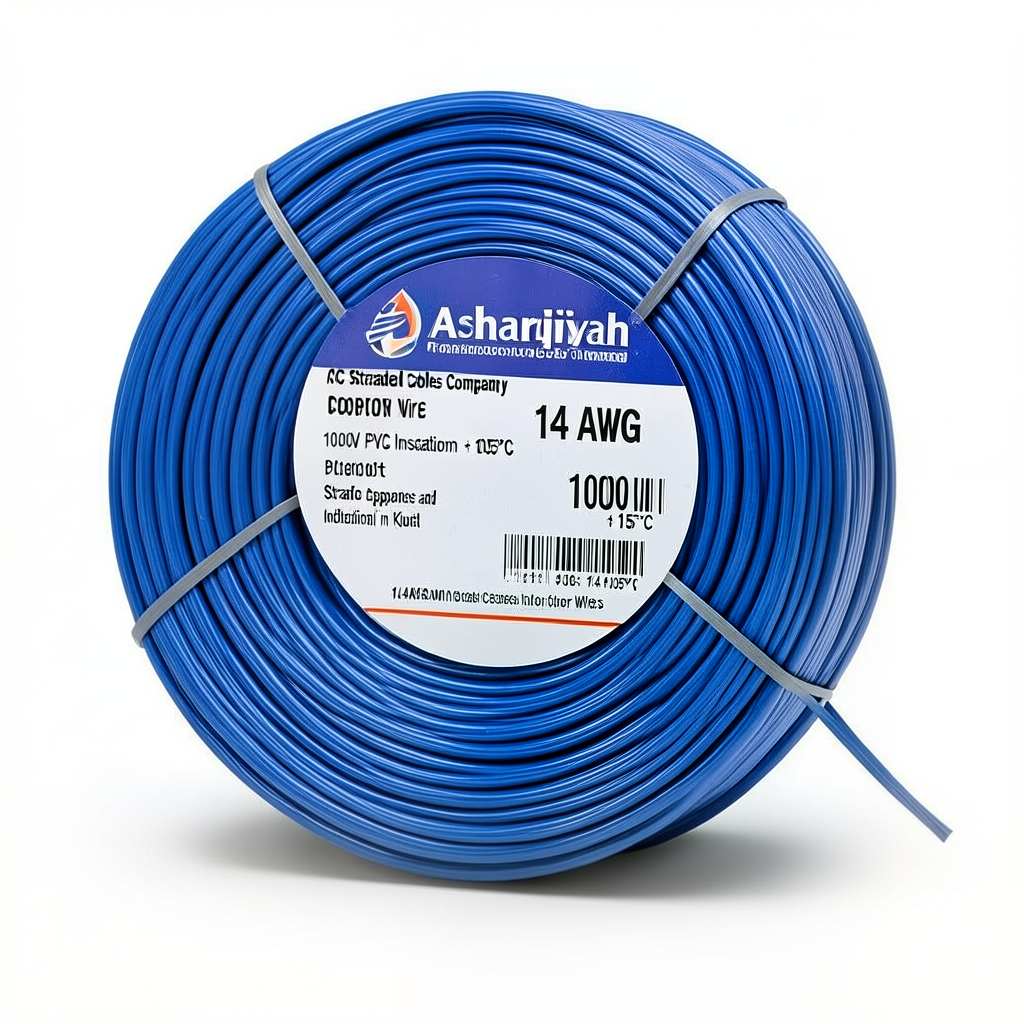 لفة سلك مفرد نحاس مجدول 14 AWG مطلي قصدير، 1000 فولت، عزل PVC +105°C أزرق، 2500 قدم | شركة كابلات الشرقية للصناعة
