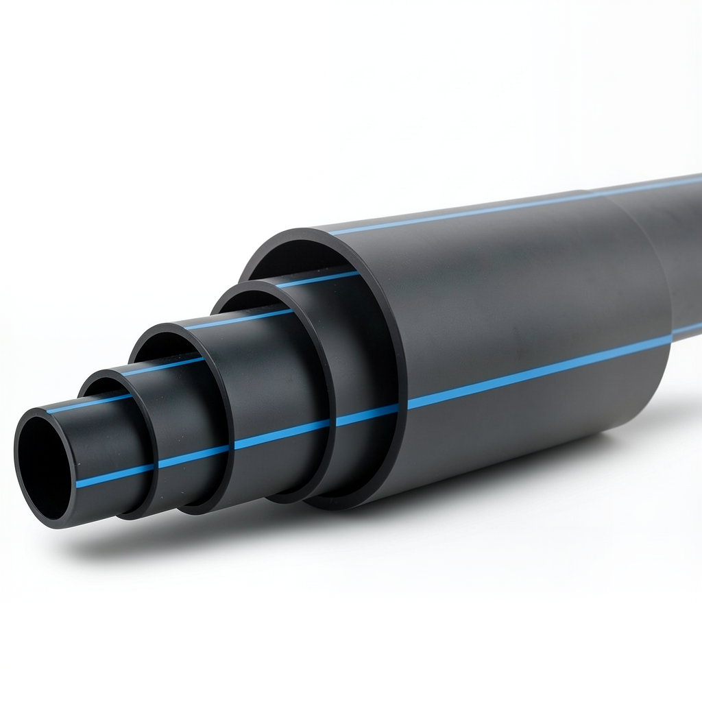 HDPE Plastic Pipe Nominal Pressure 3.2 Bar PE 100, Outside Diameter 200 mm SDR 41 Black with Blue Stripes