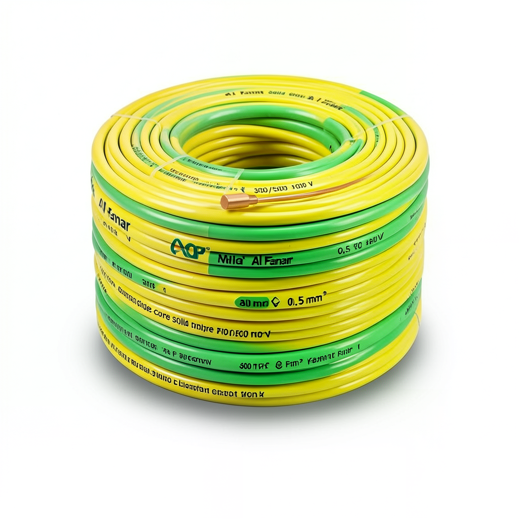 سلك نحاس مصمت احادى النواة معزول PVC 70º مقاس 0.5 مم² 300/500 فولت 300 قدم أصفر مع أخضر | شركة الفنار