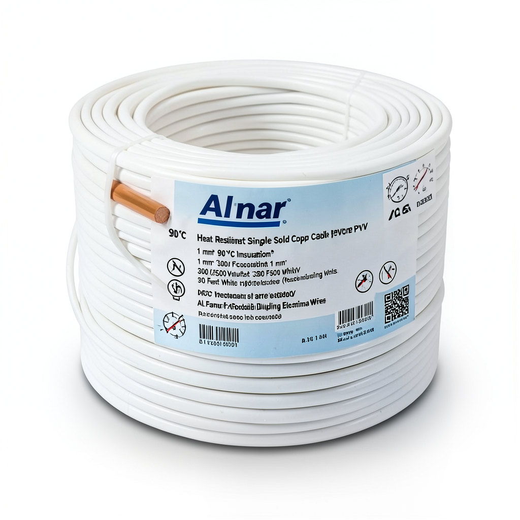 سلك نحاس مصمت مقاوم للحراره احادى النواة معزول PVC 90º مقاس 1 مم² 300/500 فولت 300 قدم أبيض | شركة الفنار