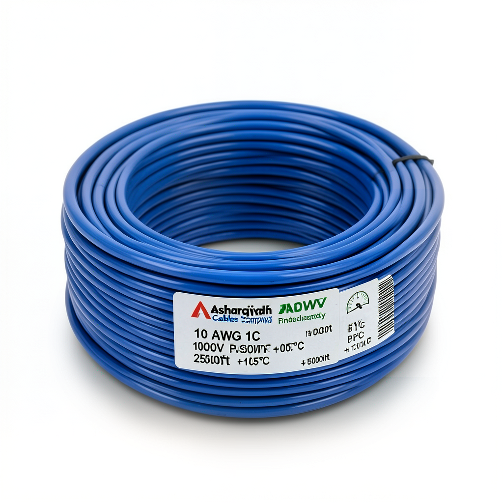 سلك نحاس مجدول مفرد 10 AWG مطلي قصدير، 1000 فولت، معزول PVC +105°C، ازرق، 2500 قدم | شركة كابلات الشرقية للصناعة