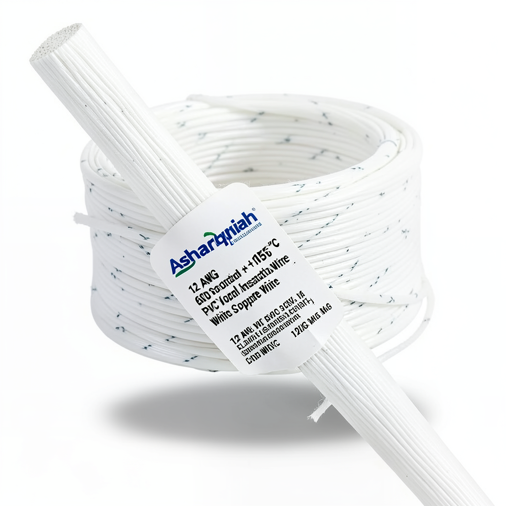 لفة سلك كهرباء 12 AWG نحاس مجدول جهد 600 فولت عزل PVC +105°C أبيض | شركة كابلات الشرقية للصناعة