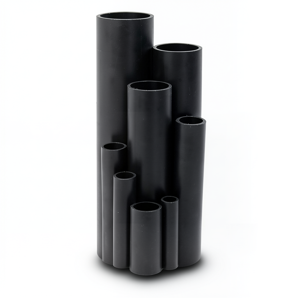 HDPE Plastic Pipe Nominal Pressure 12.5 Bar PE 63, 200 mm OD, 14.7 mm Thickness, Black