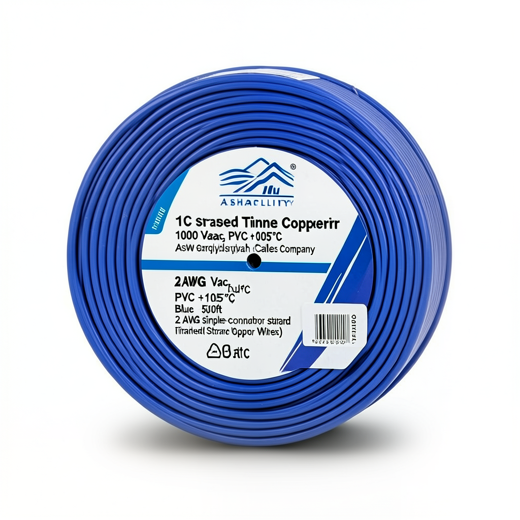 سلك مفرد نحاس مجدول 2 AWG مطلي قصدير 1000 فولت، معزول PVC +105°C، ازرق، 500 قدم | شركة كابلات الشرقية للصناعة