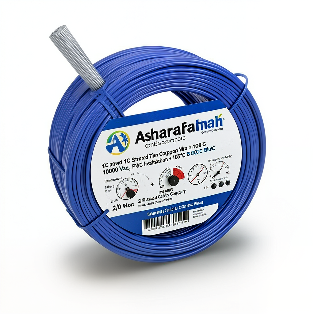 سلك مفرد نحاس مجدول 2/0 AWG مطلي قصدير 1000 فولت، عزل PVC +105°C ازرق، طول 500 قدم | شركة كابلات الشرقية للصناعة