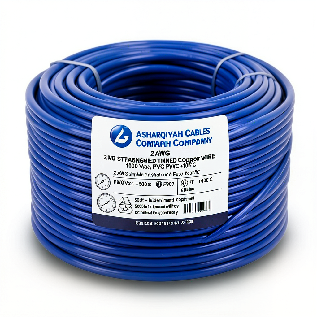 2 AWG 1C Stranded Tinned Copper Wire 1000 Vac, PVC +105°C, Blue, 500ft | Asharqiyah Cables Company for Industry