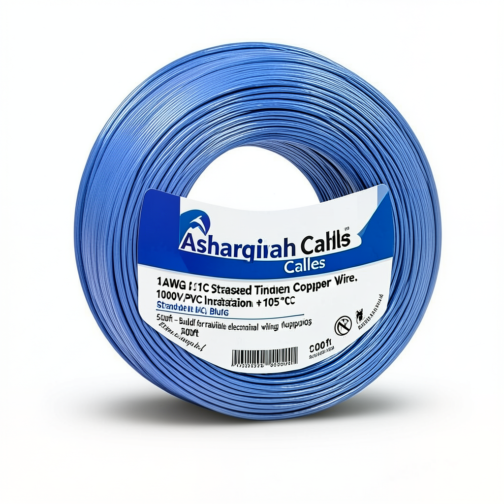 1 AWG 1C Stranded Tinned Copper Wire, 1000V PVC Insulation +105°C Blue, 500ft | Asharqiyah Cables Company for Industry