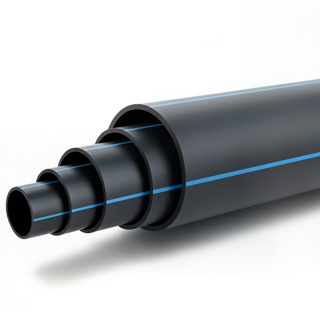 مواسير بلاستيك HDPE ضغط 3.2 بار PE 100 قطر خارجي 630 مم SDR 41 اسود مع خط ازرق