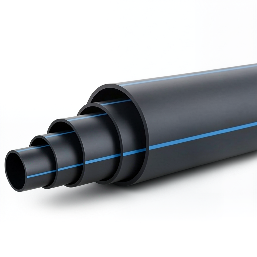 مواسير HDPE ضغط 4 بار [PE 100] قطر خارجي 200 مم SDR 33 لون أسود مع خط أزرق