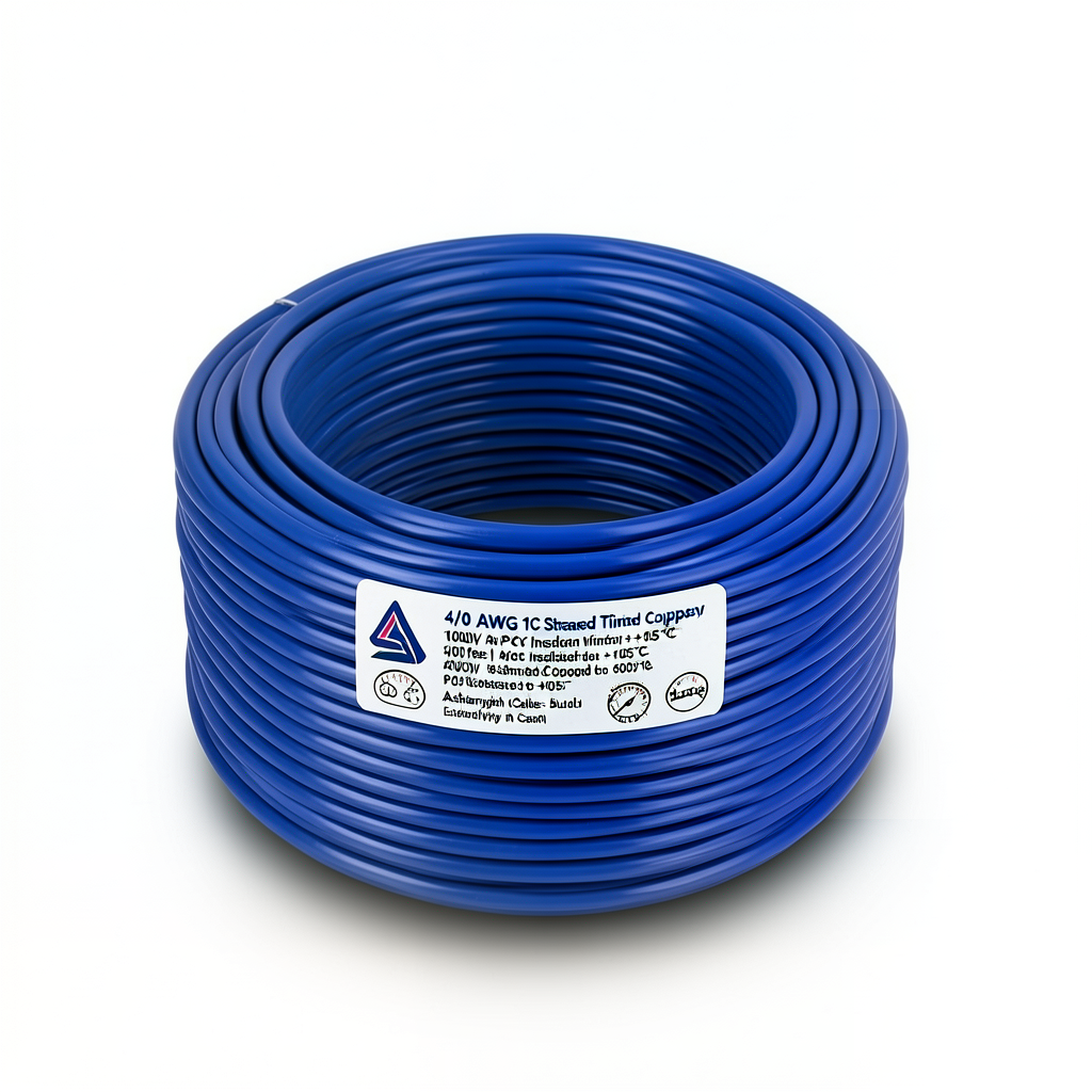 4/0 AWG 1C Stranded Tinned Copper Wire, 1000V, PVC Insulated +105°C Blue, 500 feet | Asharqiyah Cables Company for Industry