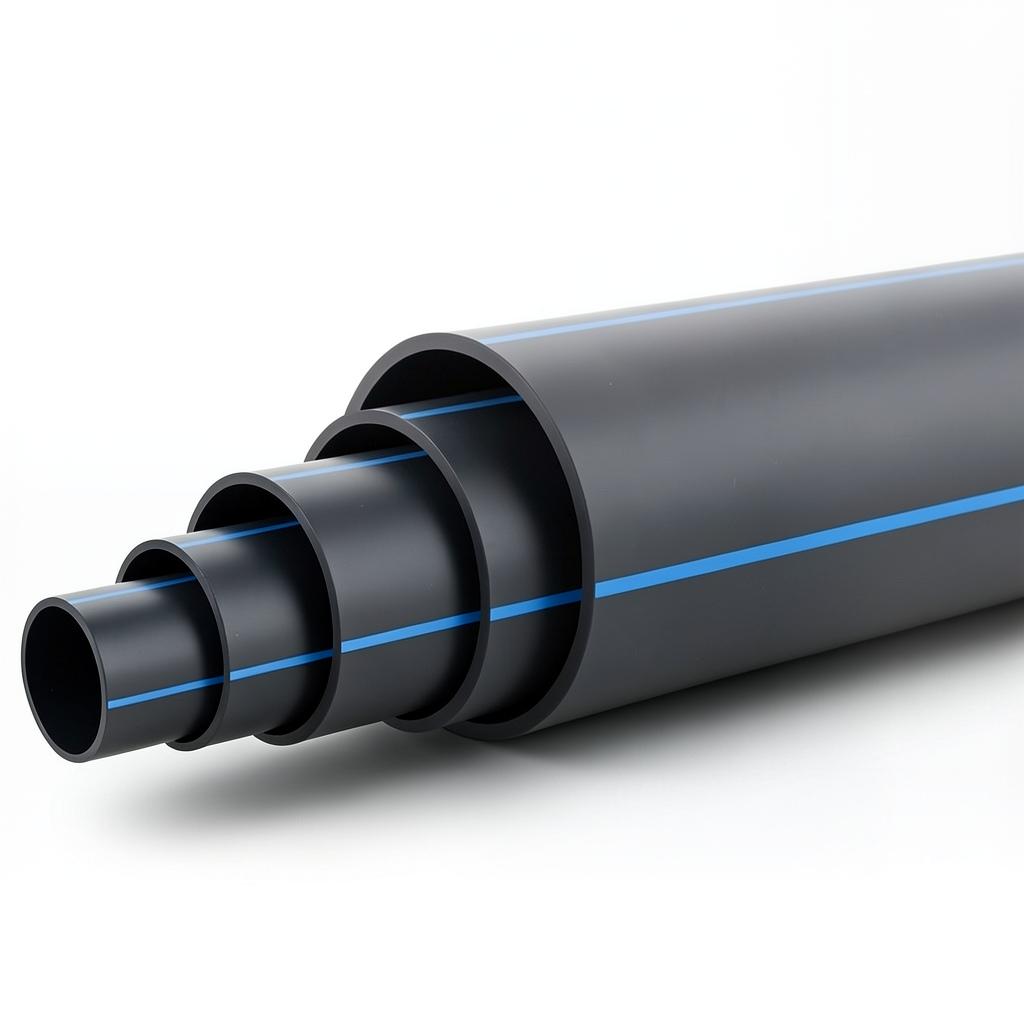 أنابيب HDPE ضغط 4 بار PE 100 قطر خارجي 225 مم SDR 33 أسود مع خطوط زرقاء