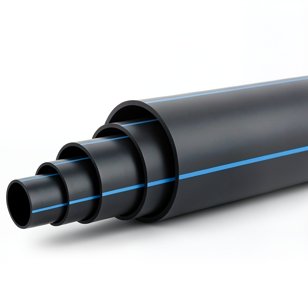 HDPE Plastic Pipe PN 4 Bar PE 100 Outside Diameter 450 mm SDR 33 Black with Blue Stripes