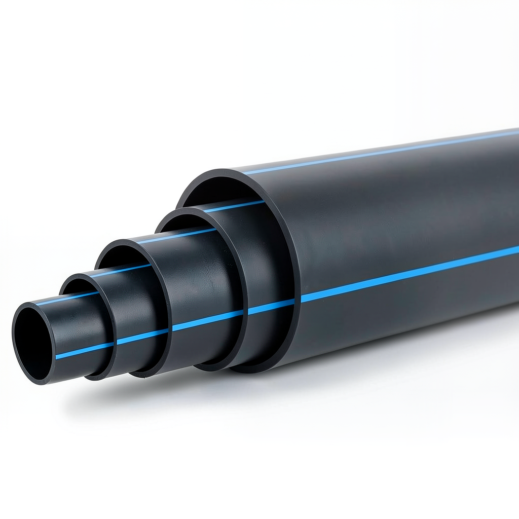 HDPE Plastic Pipe Nominal Pressure 4 Bar PE 100, Outside Diameter 500 mm SDR 33 Black with Blue Stripes