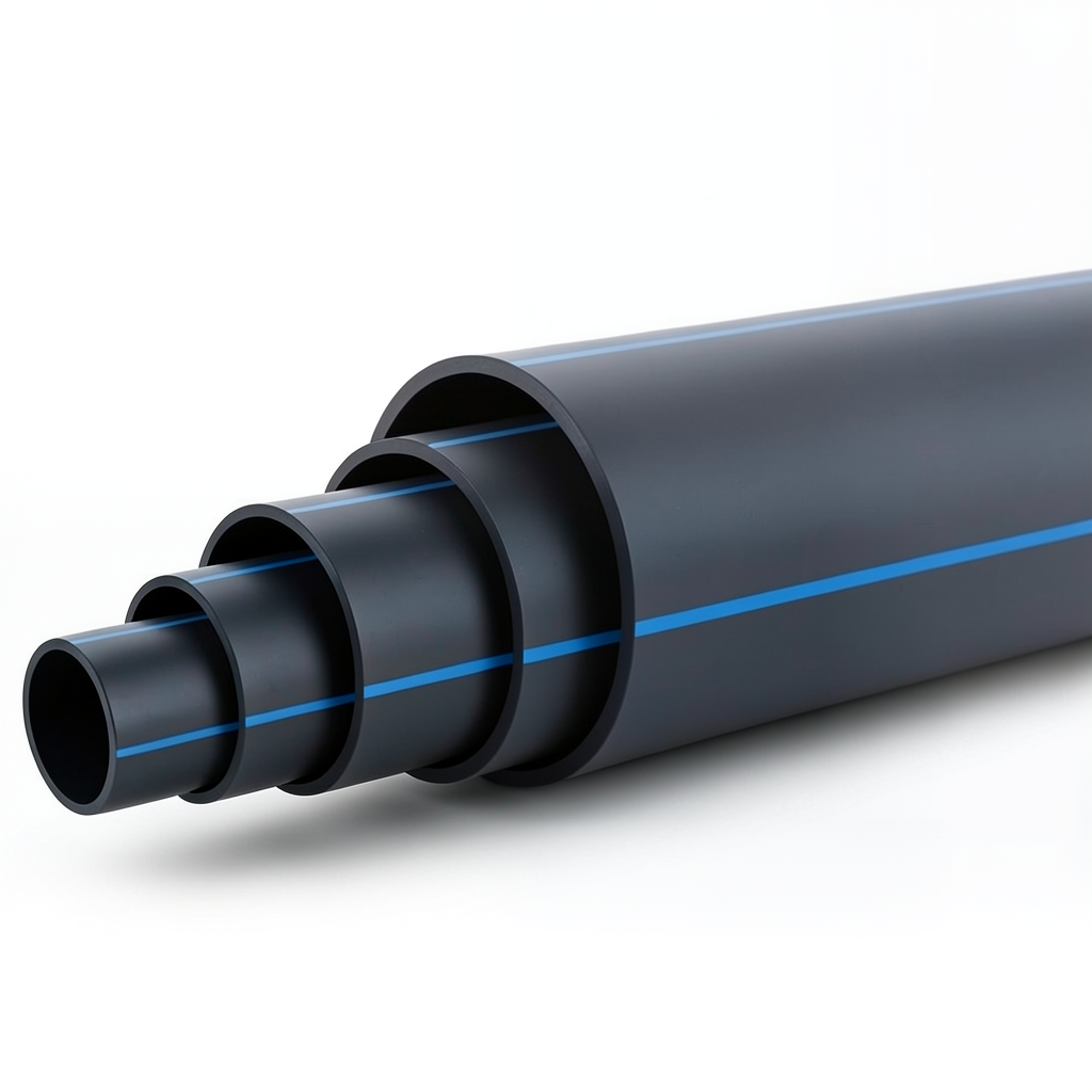 مواسير بلاستيك HDPE ضغط اسمي 4 بار PE 100، قطر خارجي 560 مم SDR 33 أسود مع خطوط زرقاء