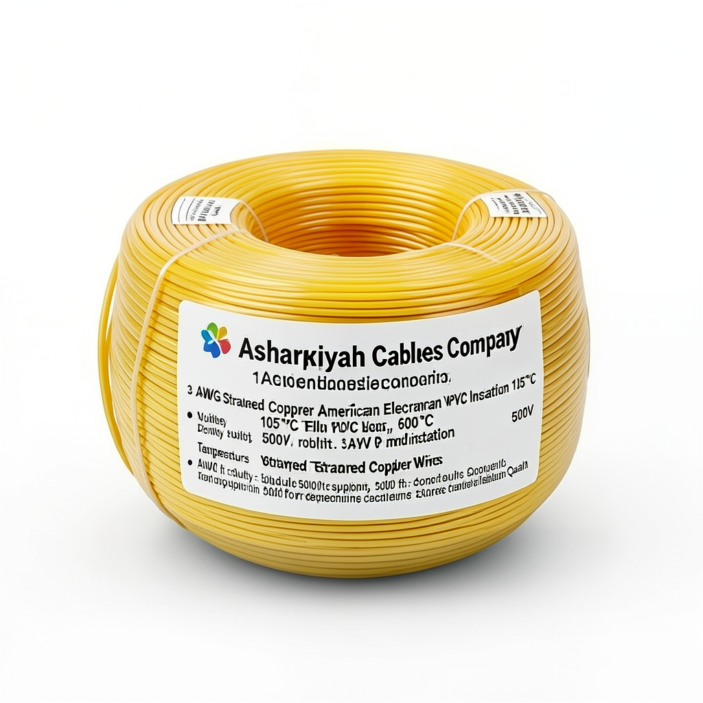 سلك امريكي 3 AWG نحاس مجدول معزول PVC 105°C أصفر، 600 فولت، طول 500 قدم | شركة كابلات الشرقية للصناعة