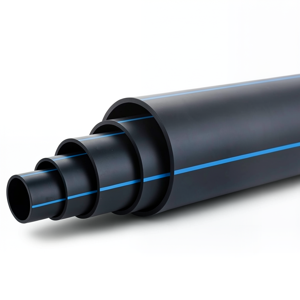 مواسير HDPE ضغط 4 بار [PE 100] قطر خارجي 200 مم SDR 33 لون أسود مع خط أزرق