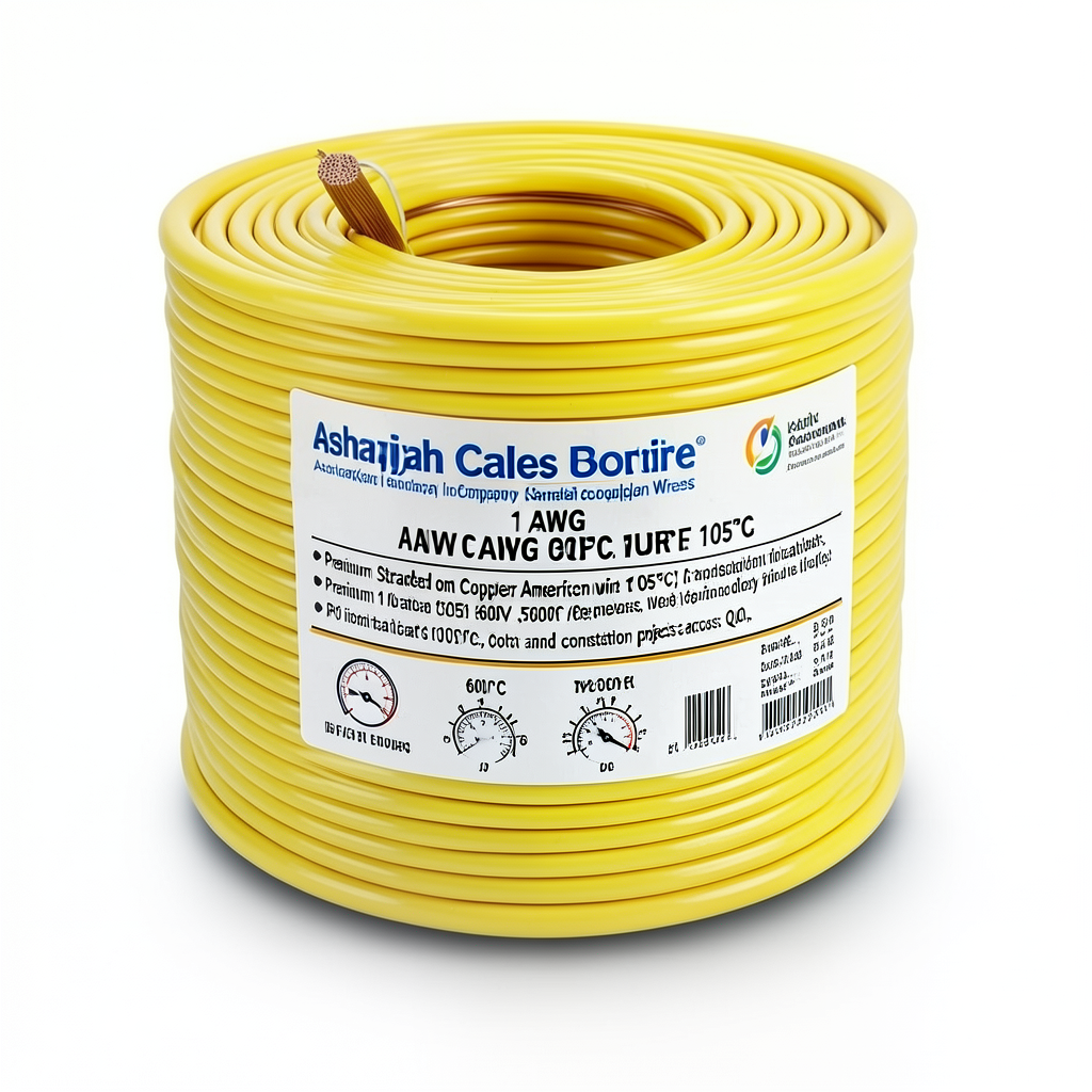 سلك امريكي 1 AWG نحاس مجدول معزول PVC 105°C، أصفر، 600 فولت، 500 قدم | شركة كابلات الشرقية للصناعة