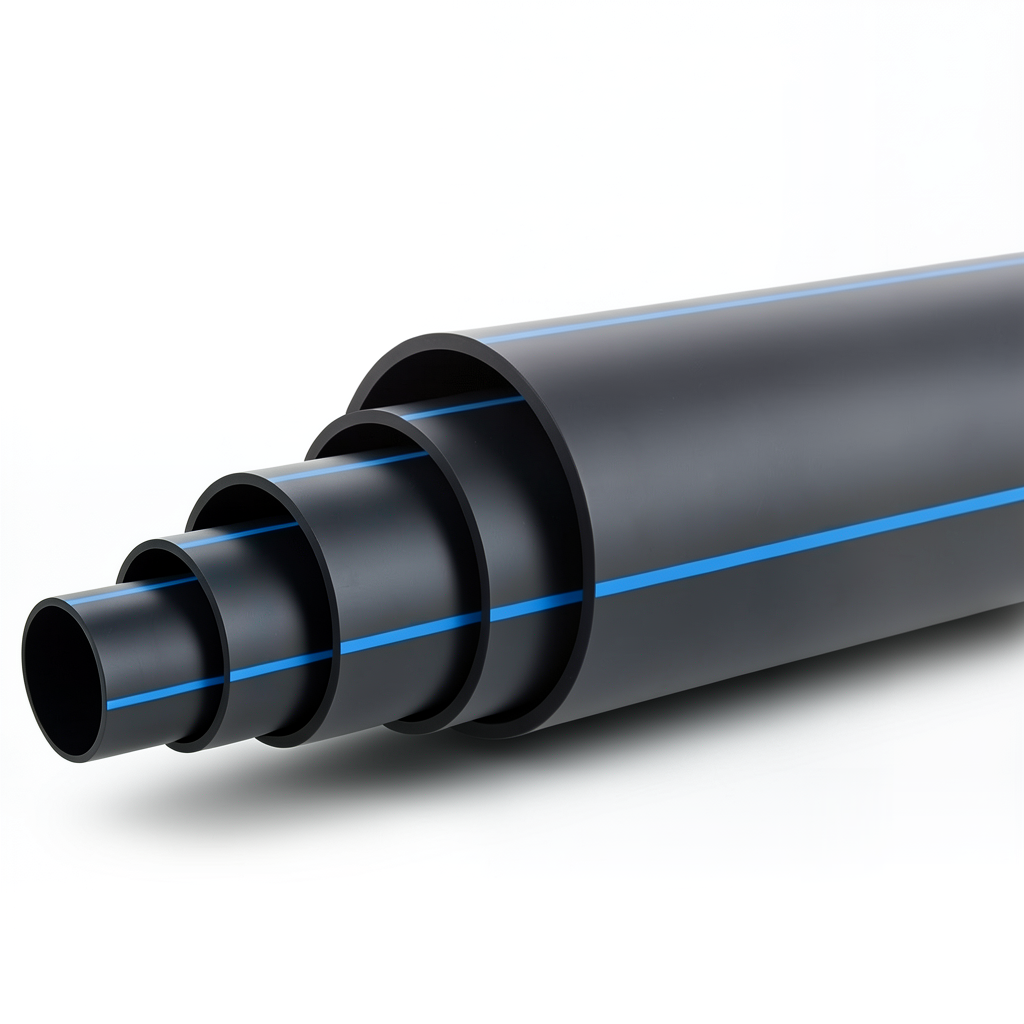 أنابيب HDPE ضغط 4 بار PE 100 قطر خارجي 225 مم SDR 33 أسود مع خطوط زرقاء