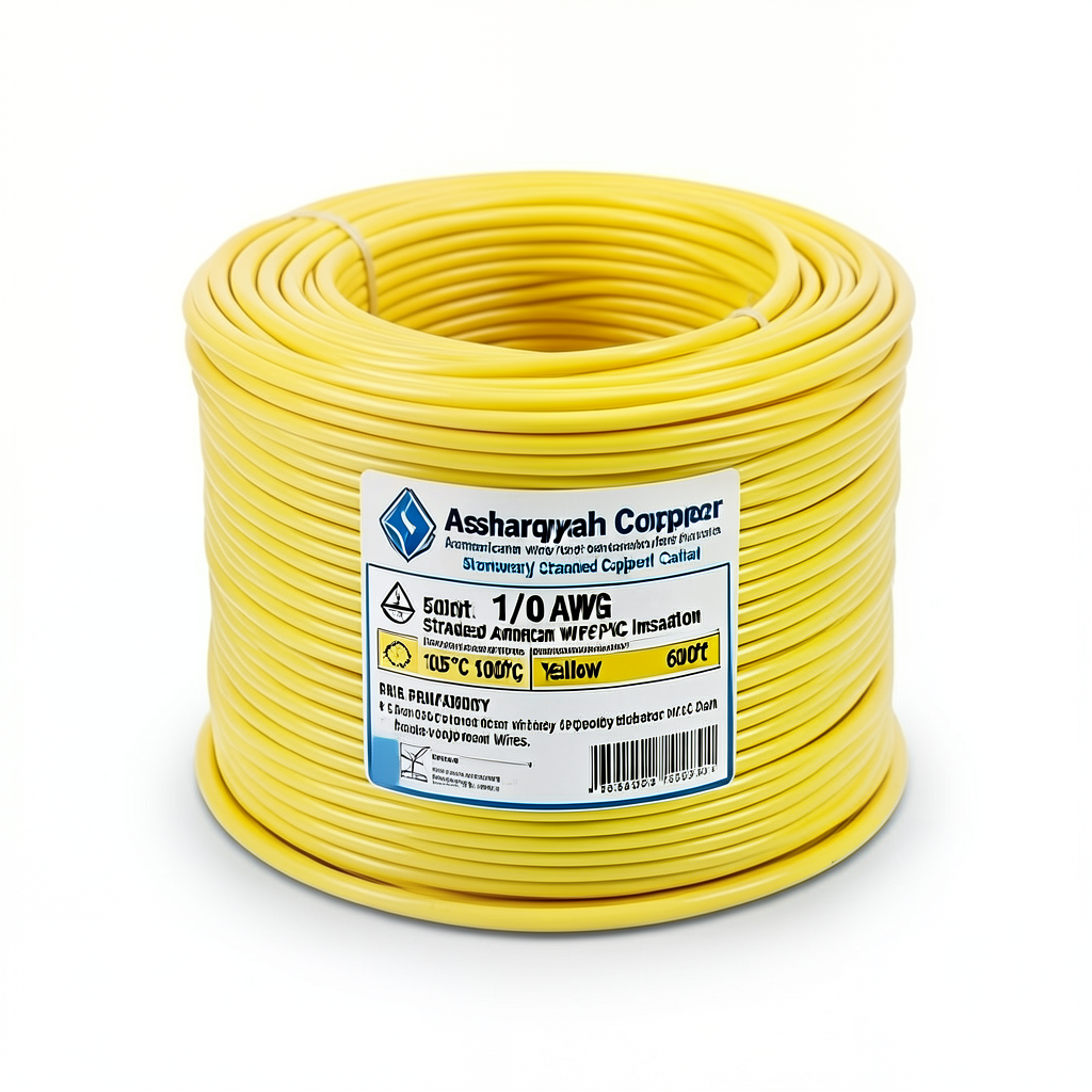 1/0 AWG Stranded Copper American Wire PVC Insulation 105°C Yellow 600V 500ft | Asharqiyah Cables Company for Industry