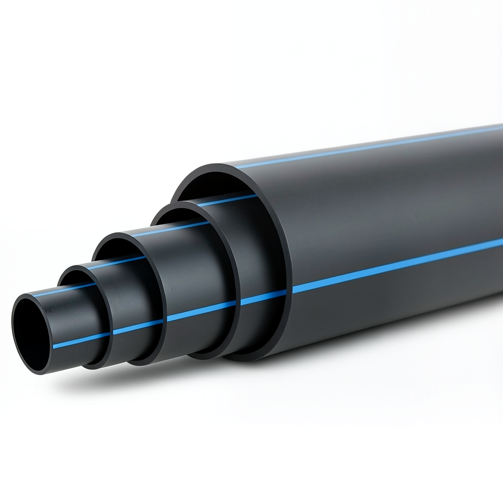 مواسير HDPE ضغط 4 بار PE 100 قطر خارجي 450 مم SDR 33 لون أسود مع خط أزرق