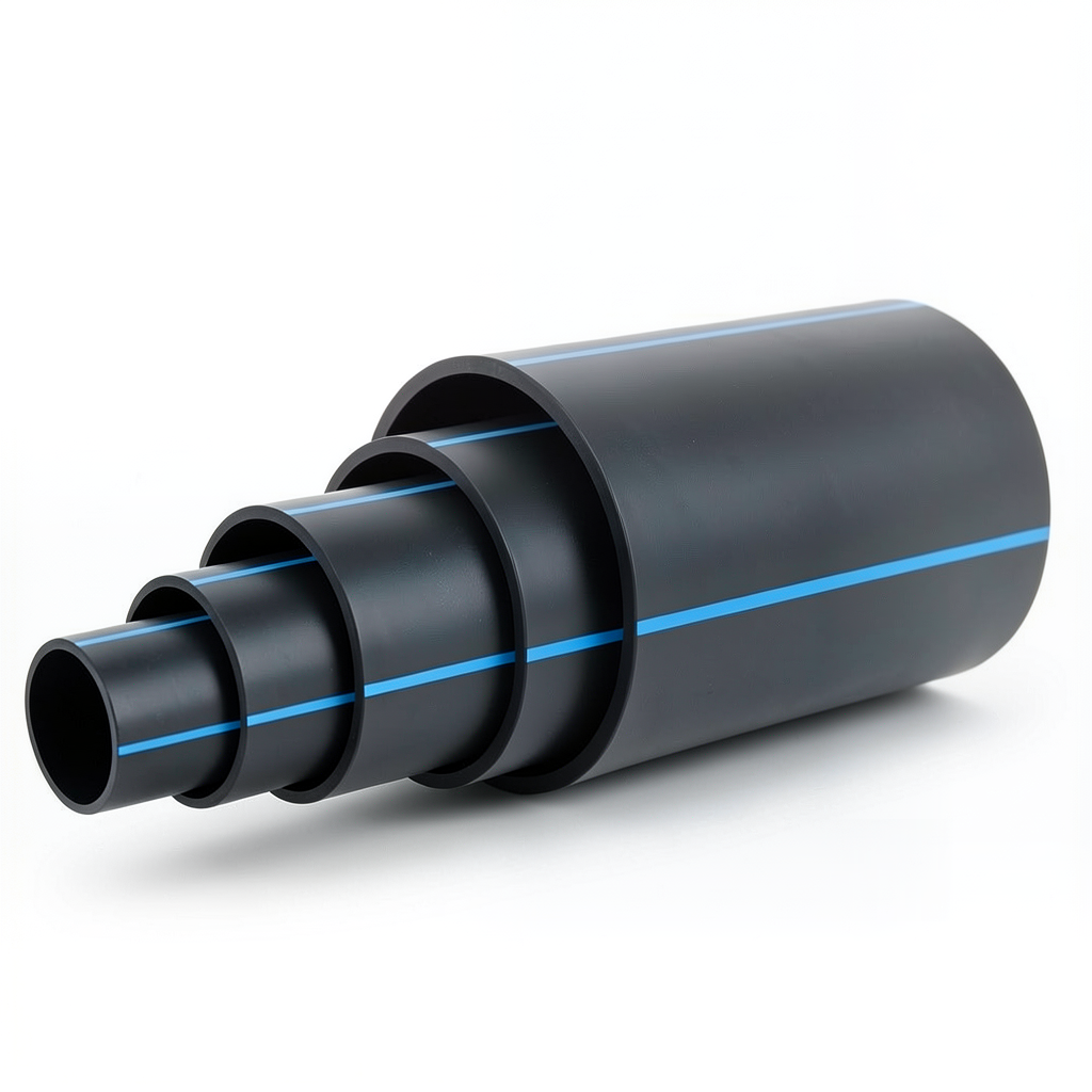 مواسير HDPE ضغط 4 بار PE 100 قطر خارجي 630 مم SDR 33 أسود مع خط أزرق