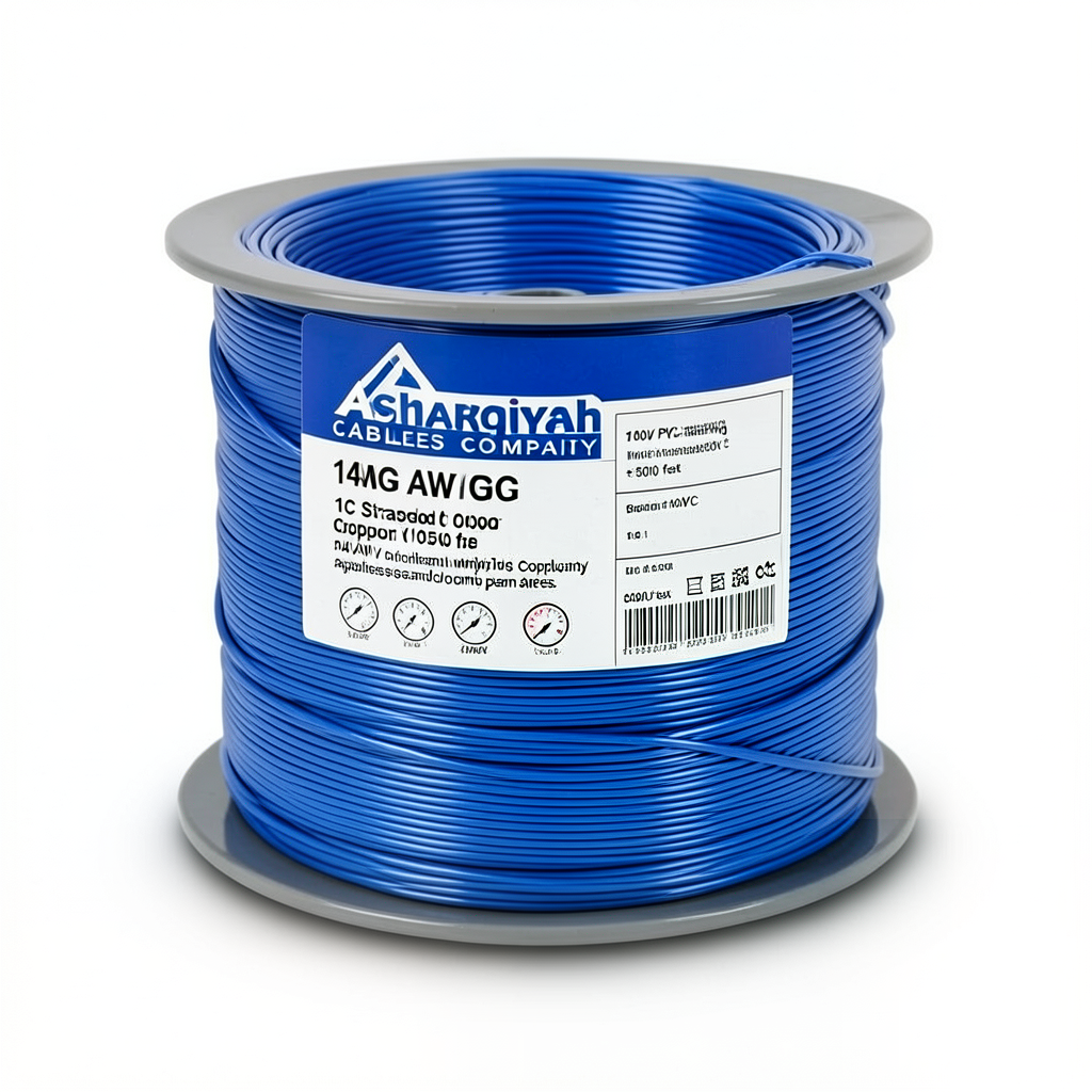 سلك مفرد 14 AWG نحاس مجدول 1000 فولت عازل PVC +105°C أزرق، طول 2500 قدم | شركة كابلات الشرقية للصناعة