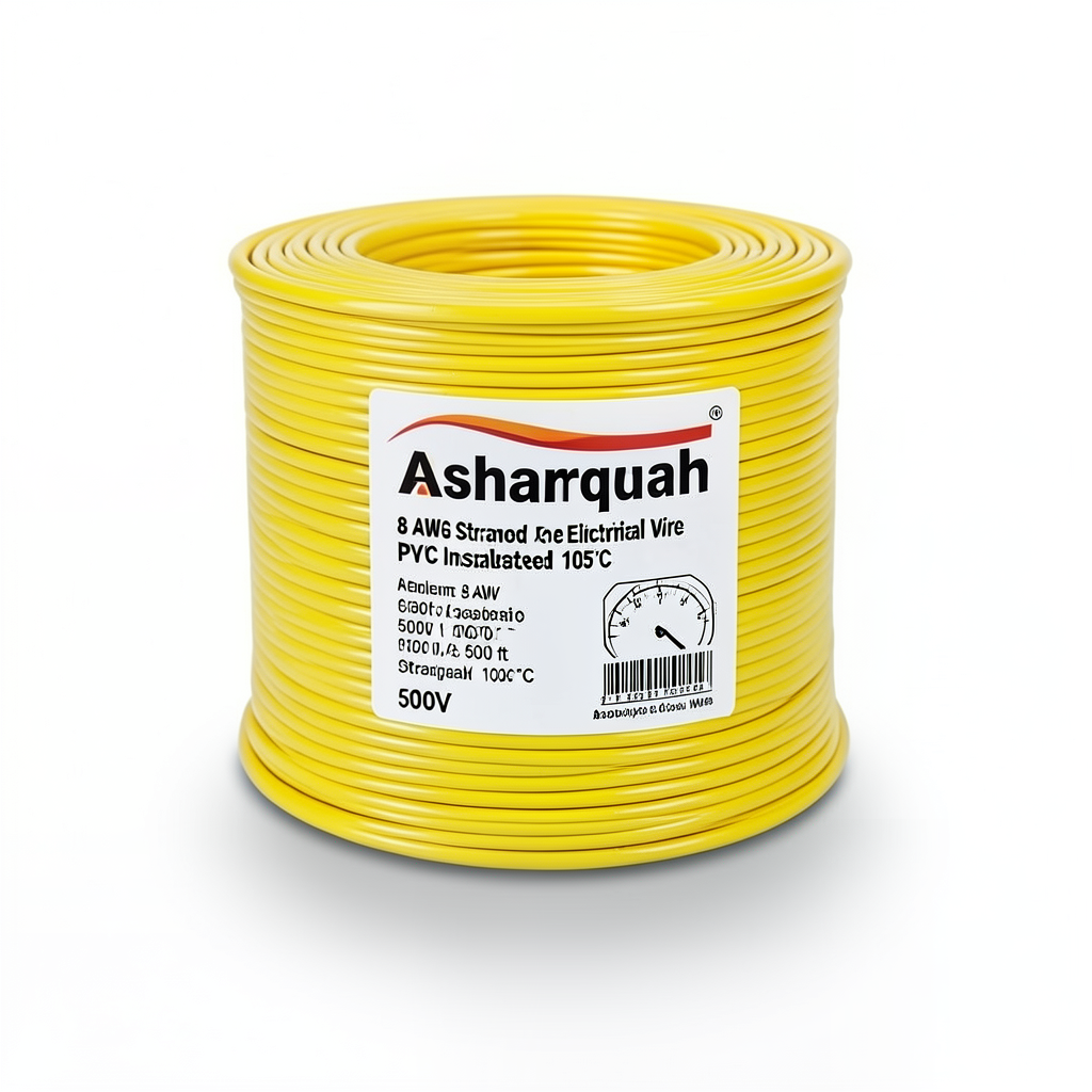 سلك كهربائي أمريكي 8 AWG نحاس مجدول عزل PVC 105°C، أصفر، 600 فولت، 500 قدم | شركة كابلات الشرقية للصناعة