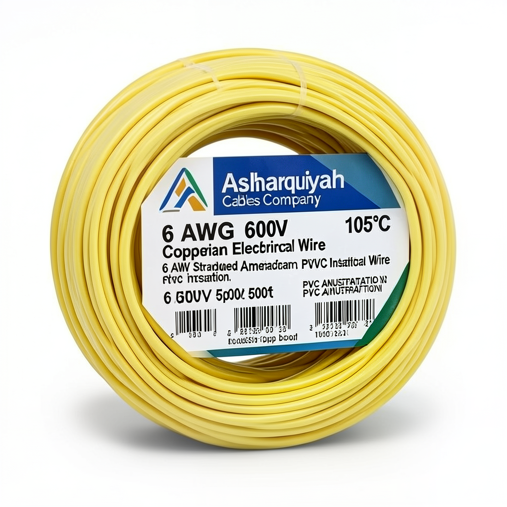 6 AWG Stranded Copper American Electrical Wire, PVC Insulation 105°C, Yellow, 600V, 500ft | Asharqiyah Cables Company for Industry