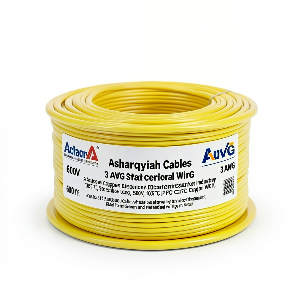 سلك امريكي 3 AWG نحاس مجدول معزول PVC 105°C أصفر، 600 فولت، طول 500 قدم | شركة كابلات الشرقية للصناعة